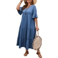 thumbnail image 5 of LWavelet Women's Plus Size Tiered Maxi Dress 3/4 Sleeve V-Neck Ruffle Cuff Casual Loose Dress Sky Blue 4XL, 5 of 5
