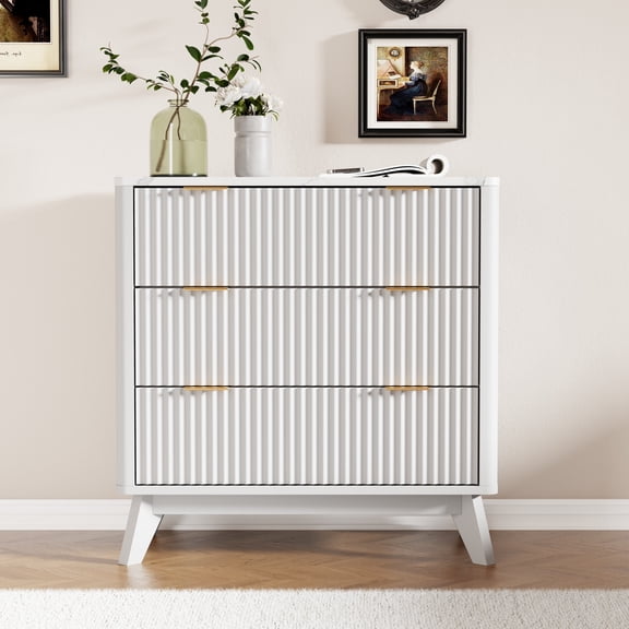OKD Modern 3 Drawer Dresser,White Dresser with Fluted Panel Design and Sleek Curve Profile,Metal Slide Rail,For Bedroom, Living Room, Home Office, and Hallway