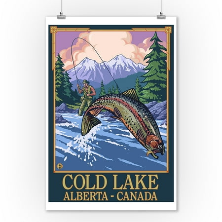 Cold Lake, Canada - Angler Fly Fishing Scene (Leaping Trout) - Lantern Press Original Poster (9x12 Art Print, Wall Decor Travel