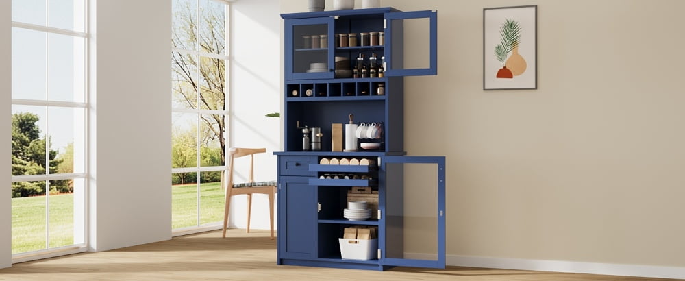 Farmhouse Freestanding Buffet with Hutch, Tall Kitchen Pantry Storage Cabinet with Wine Rack, Adjustable Shelves and Glass Doors for Dining Room, Blue