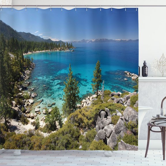 Ambesonne Lake Forest Shower Curtain, Lake Tahoe Kayaking, 69"Wx70"L, Aqua Blue