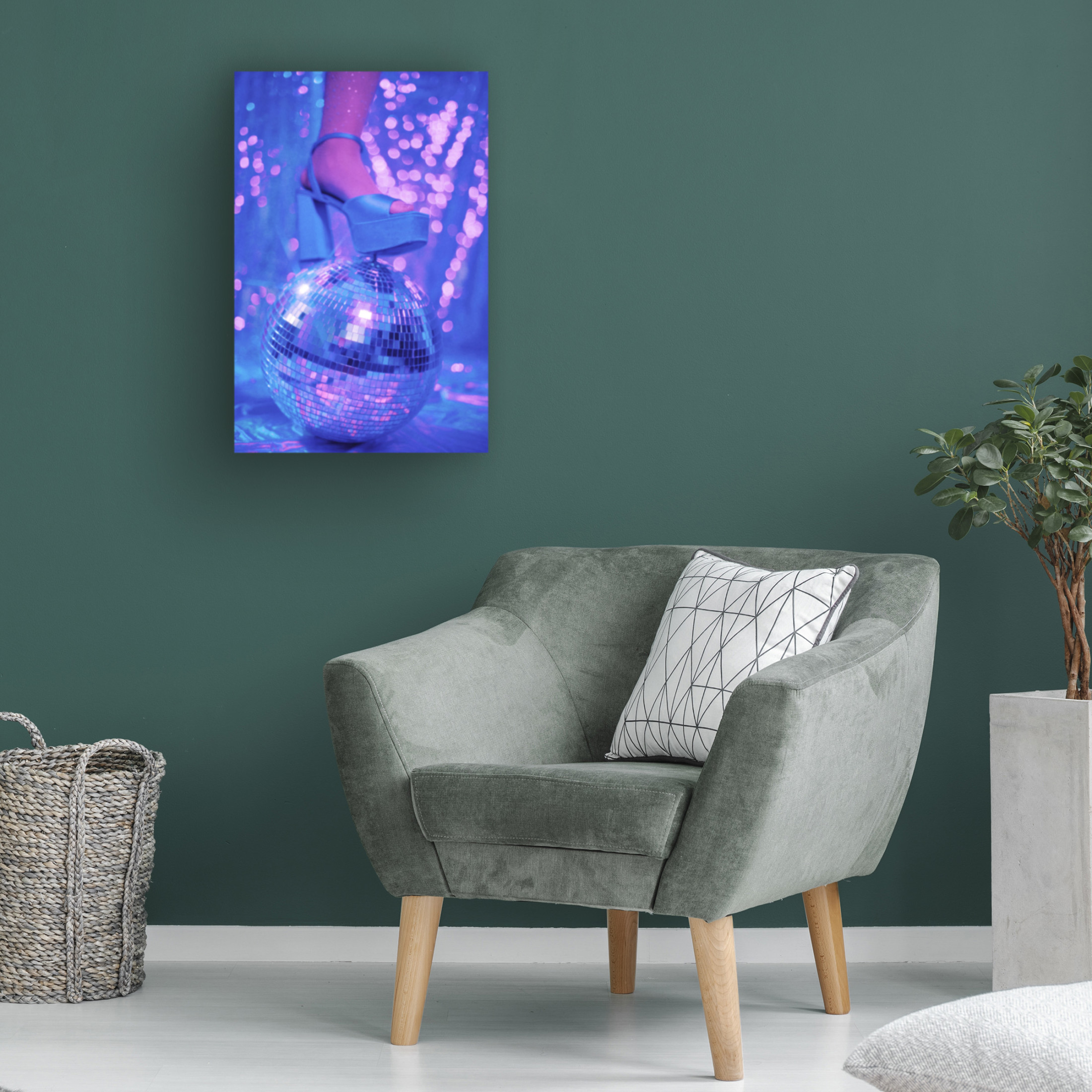 Canvas Wall Art - Samantha Hearn 'Disco Ball And Neon Platform' Wall Art for Living Room, Bedroom, or Office D?cor by Trademark Fine Art - 22 x 32 Inches