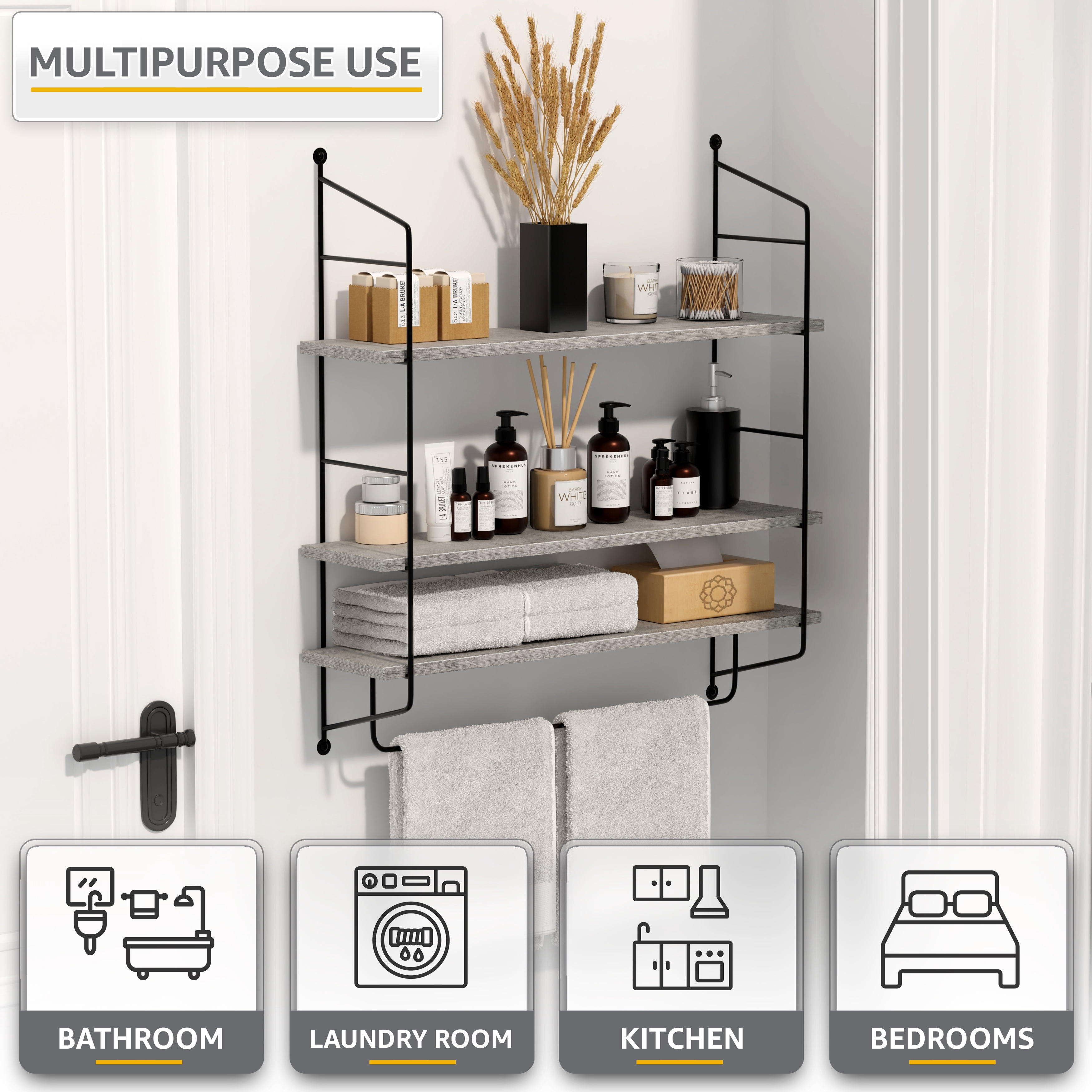 Sorbus 3-Tier Bathroom Floating Shelves, Wooden Wall Storage with Metal Brackets, Gray