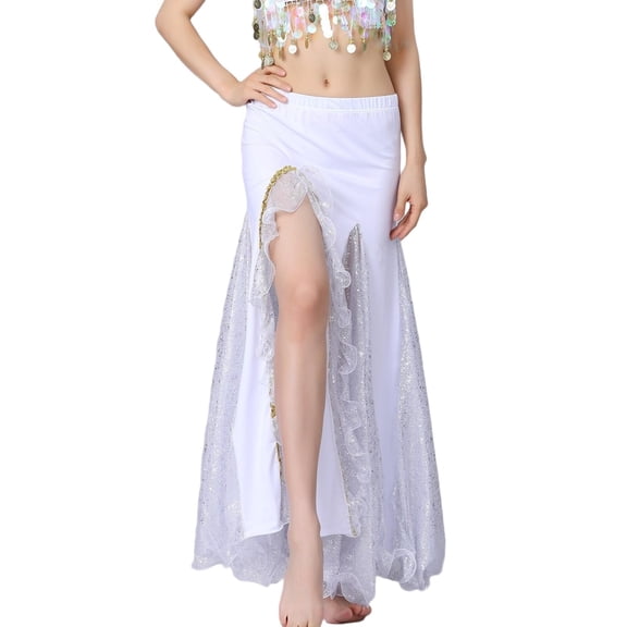 Women's Belly Dance Performance Maxi Skirt Sparkle Mesh Ruffle High-Slit Belly Dance Long Skirt
