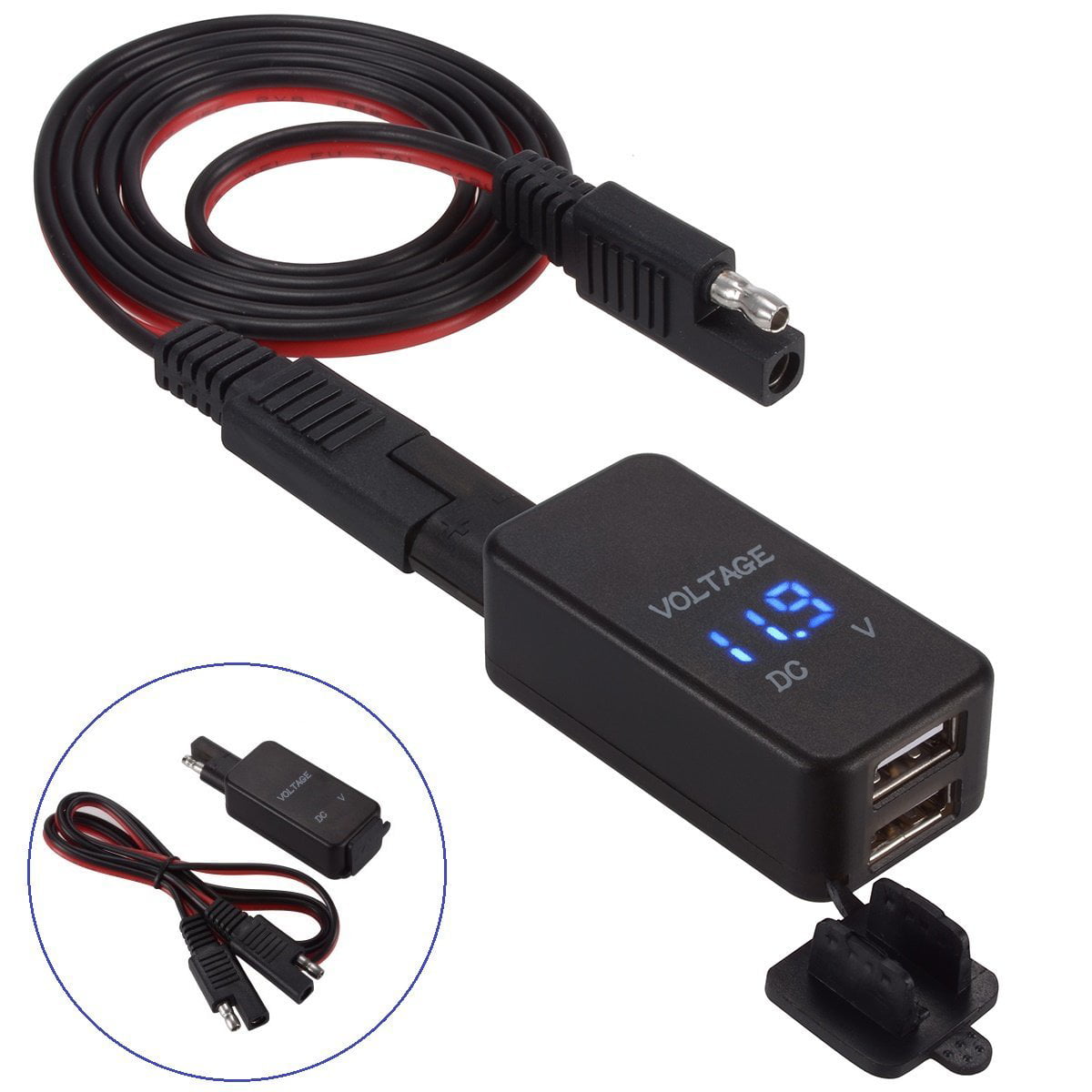 Motorcycle SAE to USB Plug with Voltmeter Dual USB Charger with SAE Plug to Battery Cable Blue LED Quick Disconnect and Plug Waterproof 