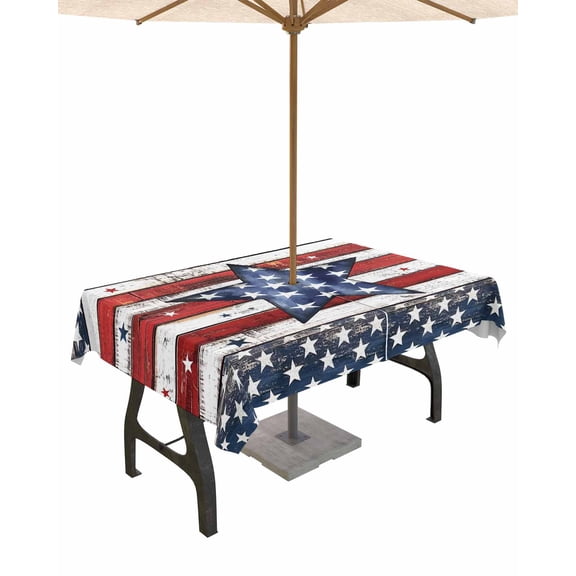 Outdoor Tablecloth with Umbrella Hole for Patio/Picnic/Party/Camping, 4th of July Star Waterproof Table Cloth Rectangle Table Cover Washable, Independence Day American Flag Vintage 52"x 70"