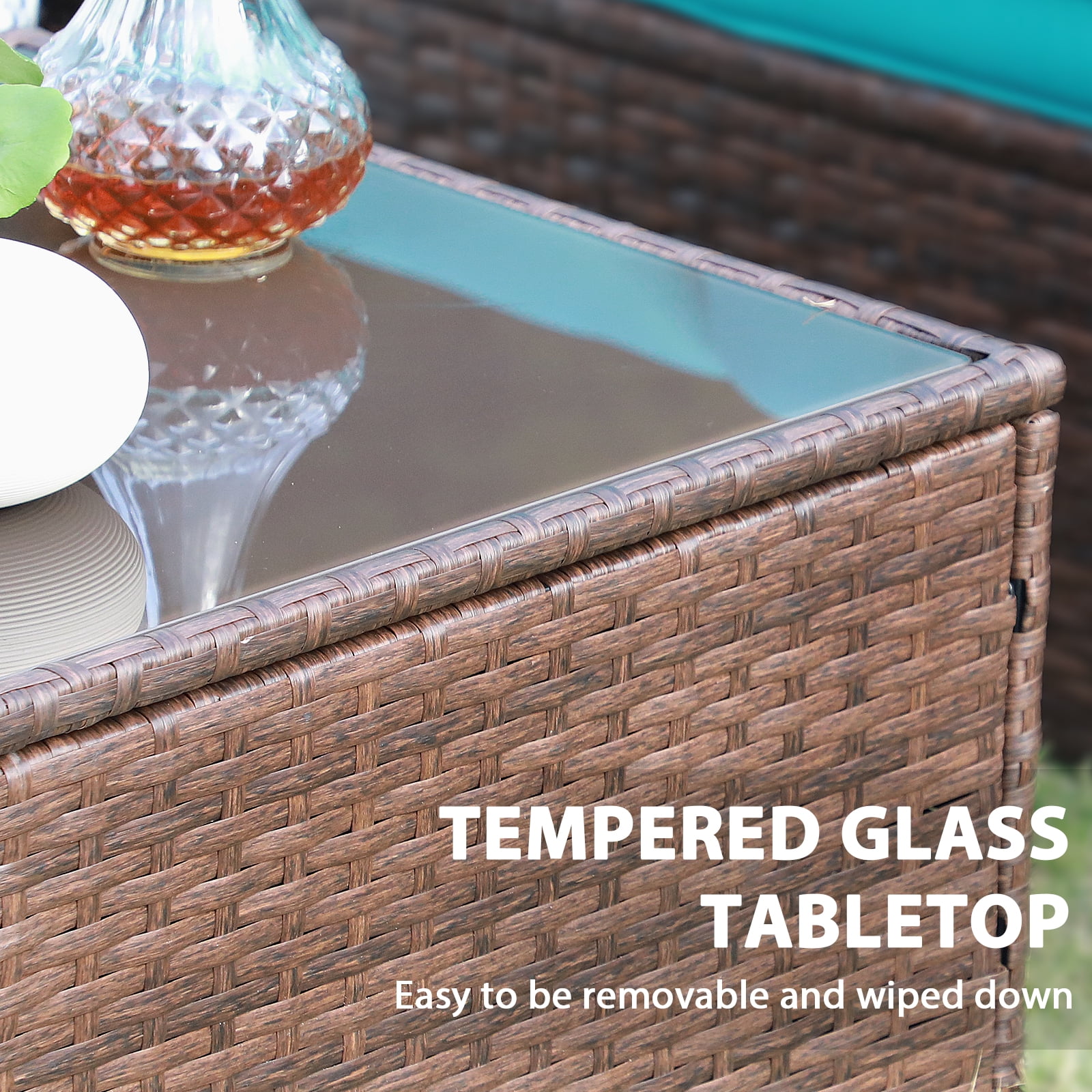 JOIVI Patio Set, PE Wicker Rattan Outdoor Conversation Set, Tempered Glass Coffee Table, Blue