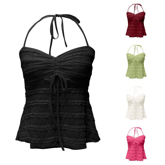 XIAOCHA Women Lace Halter Tank Top Tie Back Ruched Sleeveless Party Vest Tops