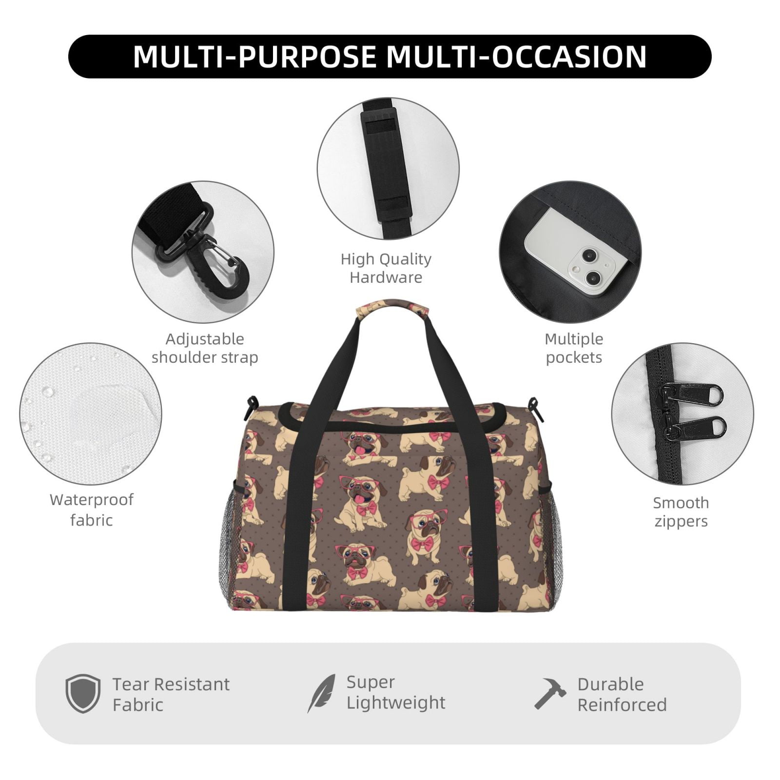 Ratiio Cut Pug Pattern Hand Travel Bag, Weekender Carry On for Women Men, Sports Gym Bag, Workout Duffel Bag, Overnight Shoulder Bag fit 15.6 Inch Laptop