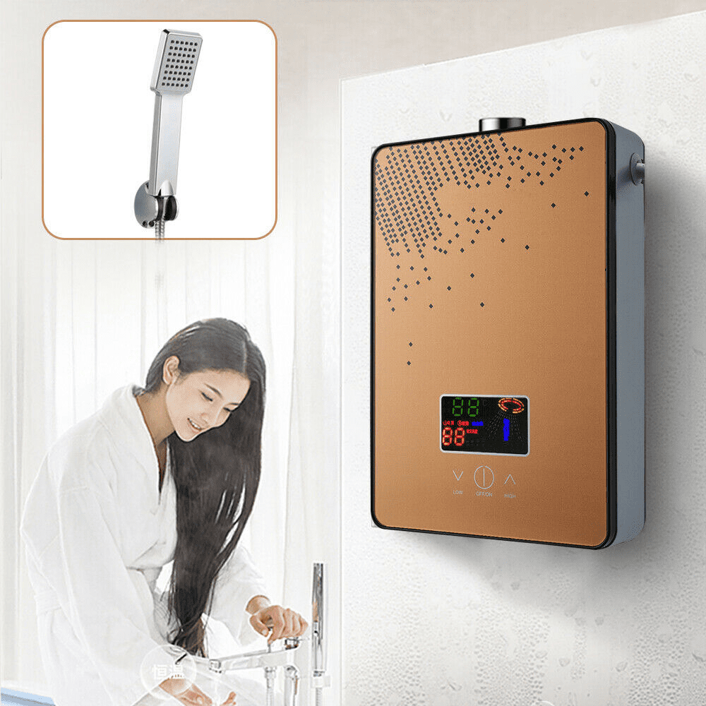 Tankless Electric Hot Water Heater, 4500W 110V Instant Water Heater On Demand Bath Shower with LED Screen Display for Bathroom, Bathtub, RV, Whole House, Shower, w/Overheating Protection (Gold)