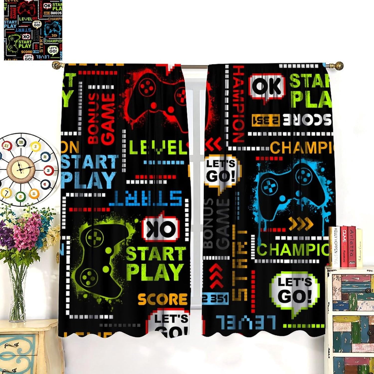 Game Boys Curtains, Video Games Gamepad Controller Gamer Cool Colorful Print Window Treatments for Teen Nursery Bedroom Playroom Living Room, （W26xL84 Inch） x2 Panels
