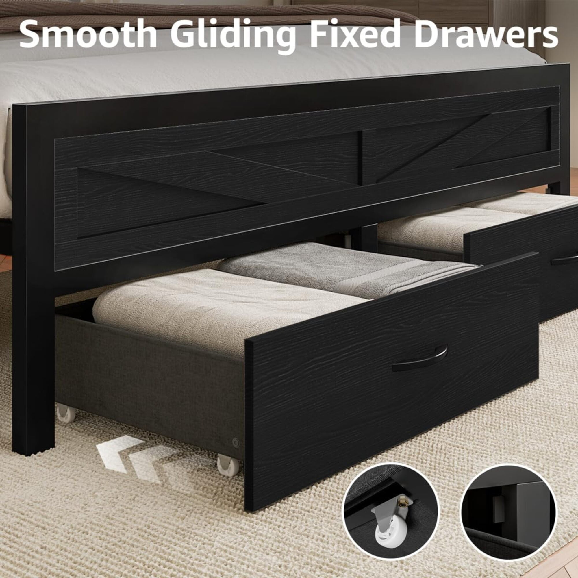 Queen Size Bed Frame with Storage Drawers & Barn Door Headboard, Industrial Farmhouse Platform Bed with LED Lights & Charging Station, No Box Spring Needed (Black)