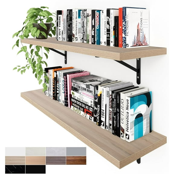 Kaboon 36 inch Long 10 inch Deep Floating Shelves for Wall Set of 2, Large Open Shelves Wall Mounted, Space Saving Home and Commercial Use, Oak/Grey Tone