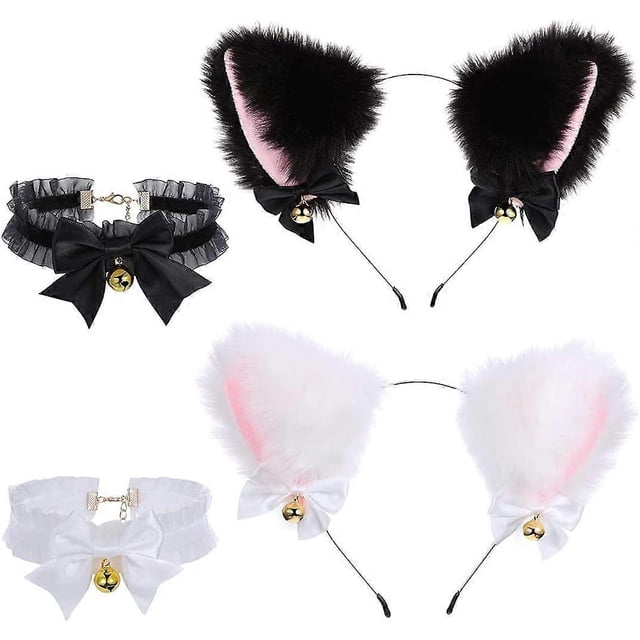 Set of 2 Cute Cat Ears Headbands with Bells and Bows and 2 Necklaces with Bells for Fancy Dress Cosplay Party Hair Accessory for Women Girls Adults Te