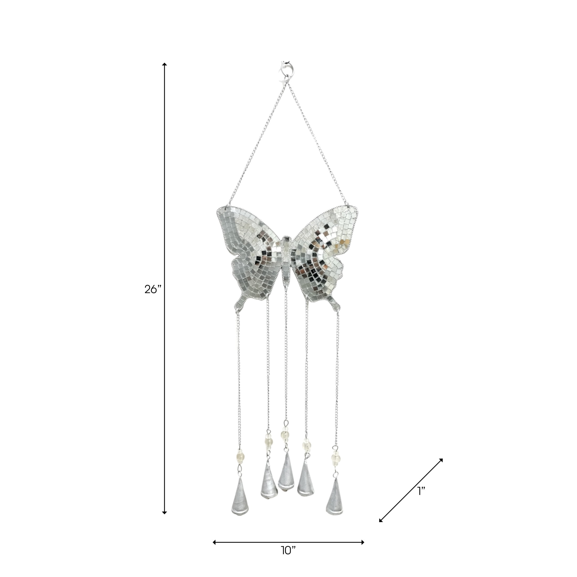 Butterfly Wind Chime with Hanging Bells - Metal & Glass Mosaic Design - Outdoor & Indoor Decorative Wind Bell - Soothing Garden Decor for Patio, Balcony & Home - 26" Silver Metallic