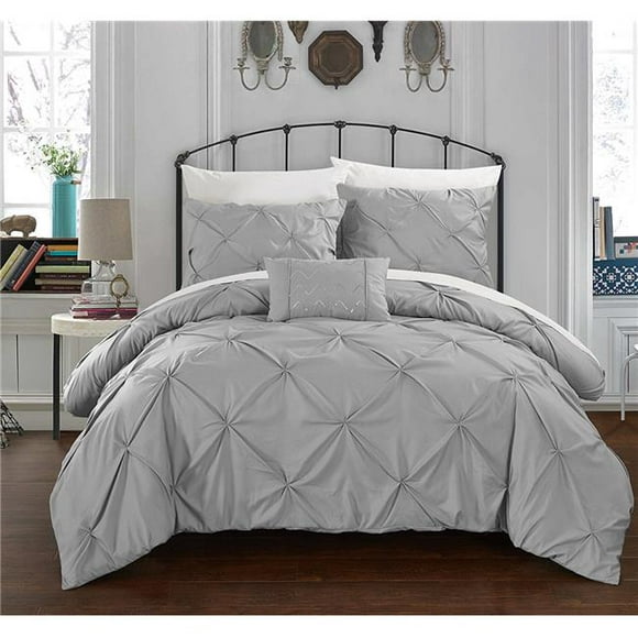 Chic Home DS2445-US 4 Piece Yvonne Duvet Ruffled Pinch Pleat Design Cover Set, Silver