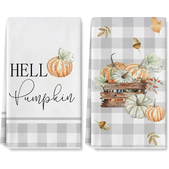 Fall Kitchen Dish Towel 18 x 26 Inch Hello Pumpkin Autumn Leaves Dishcloth Grey Buffalo Plaids Farmhouse Decorative Hand Drying Tea Towel for Thanksgiving Cooking Baking, 2Pcs