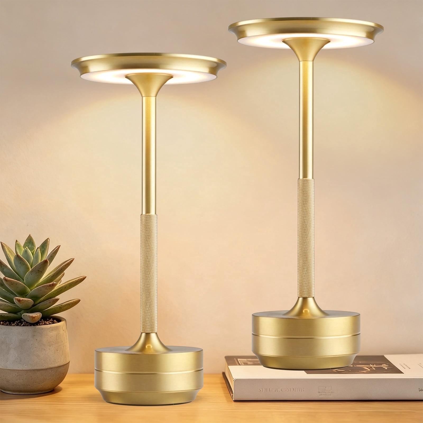 Walchoice 2 Pack Cordless Table Lamp, Portable Rechargeable Outdoor Desk Lamp, 3 Color Stepless Dimming LED Light with Memory Function for Patio/Restaurant/Bedroom, Gold