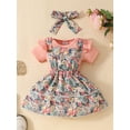 thumbnail image 4 of Aojekbee Baby Girls Summer Outfit Ribbed Short Sleeves Rompers and Floral Suspender Skirt Headband 3 Piece Clothes Set, 4 of 10
