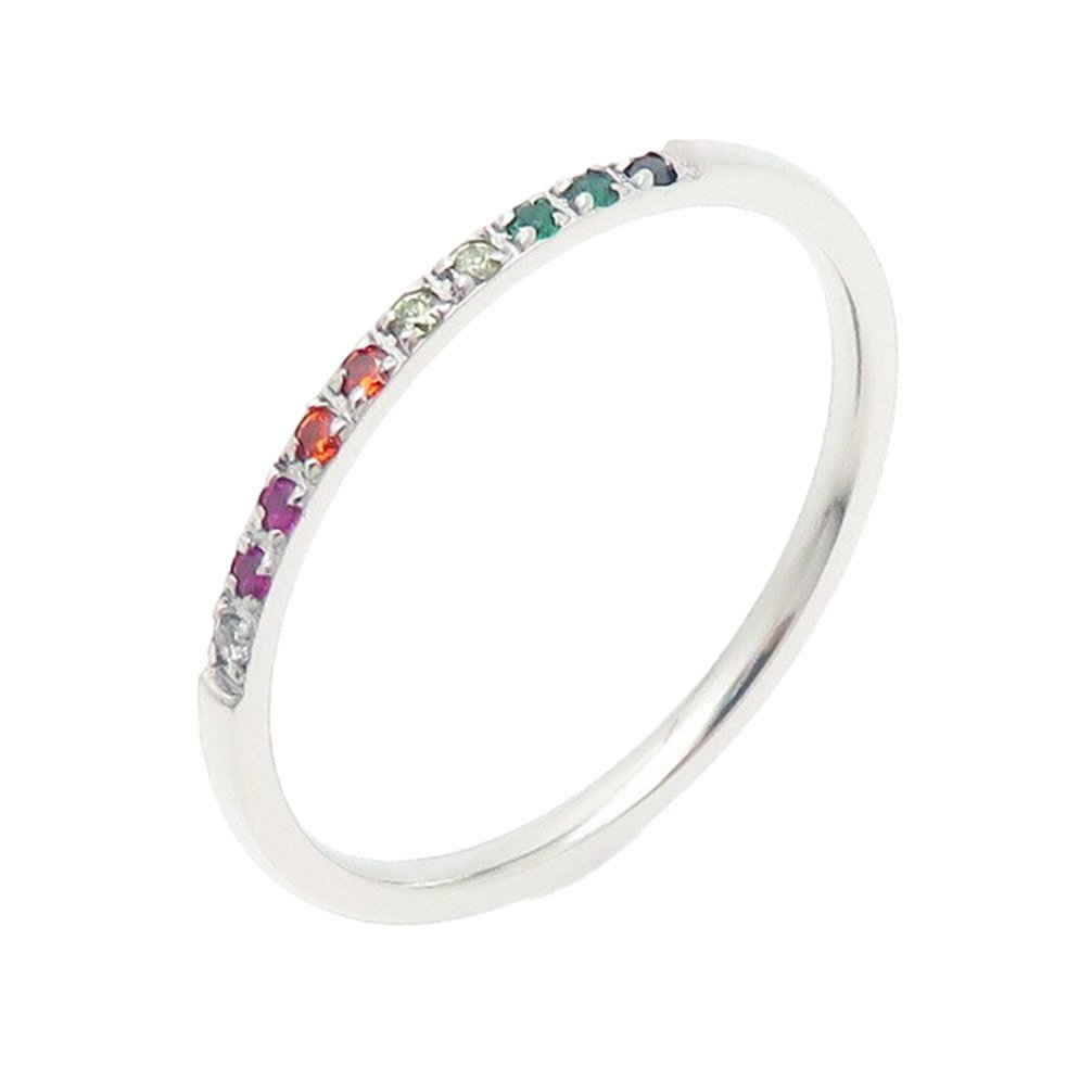 HIRPLIS Rainbow Rings for Women Stainless Steel Colorful Cubic Zirconia Stackable Dainty Band Simple Statement Personalized Gift Jewelry Silver 6