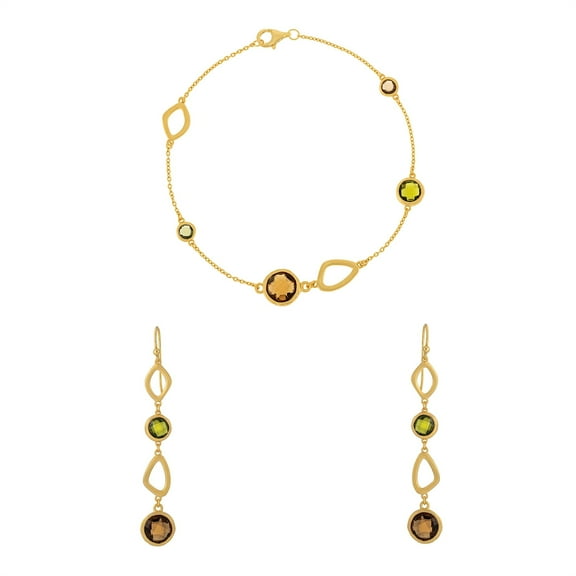 Silverly Women's Brushed Gold Plated 925 Sterling Silver Green Orange Gemstone Jewellery Set