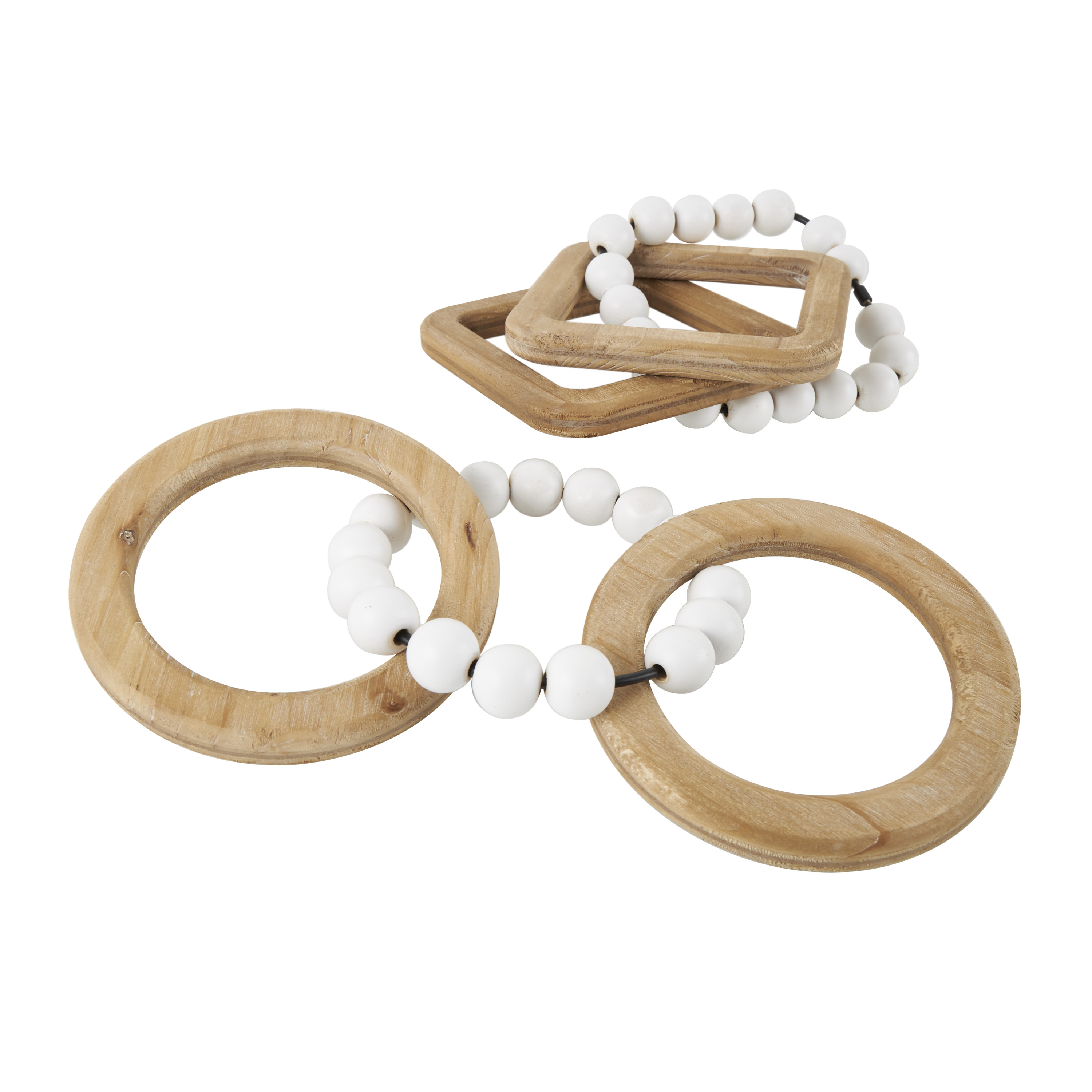14"W, 2"H Brown Wood Geometric 3 Link Chain Sculpture with White Beaded Accents, by DecMode (2 Count)
