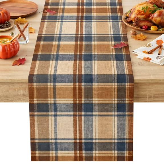 Blue Brown Checked Cotton Linen Rectangle Table Runners 13"x36", Beige Buffalo Plaid Farmhouse Coffee Table Runner Dresser Scarves Luxury Table Runners for Wedding Party Banquet Dinner Decor