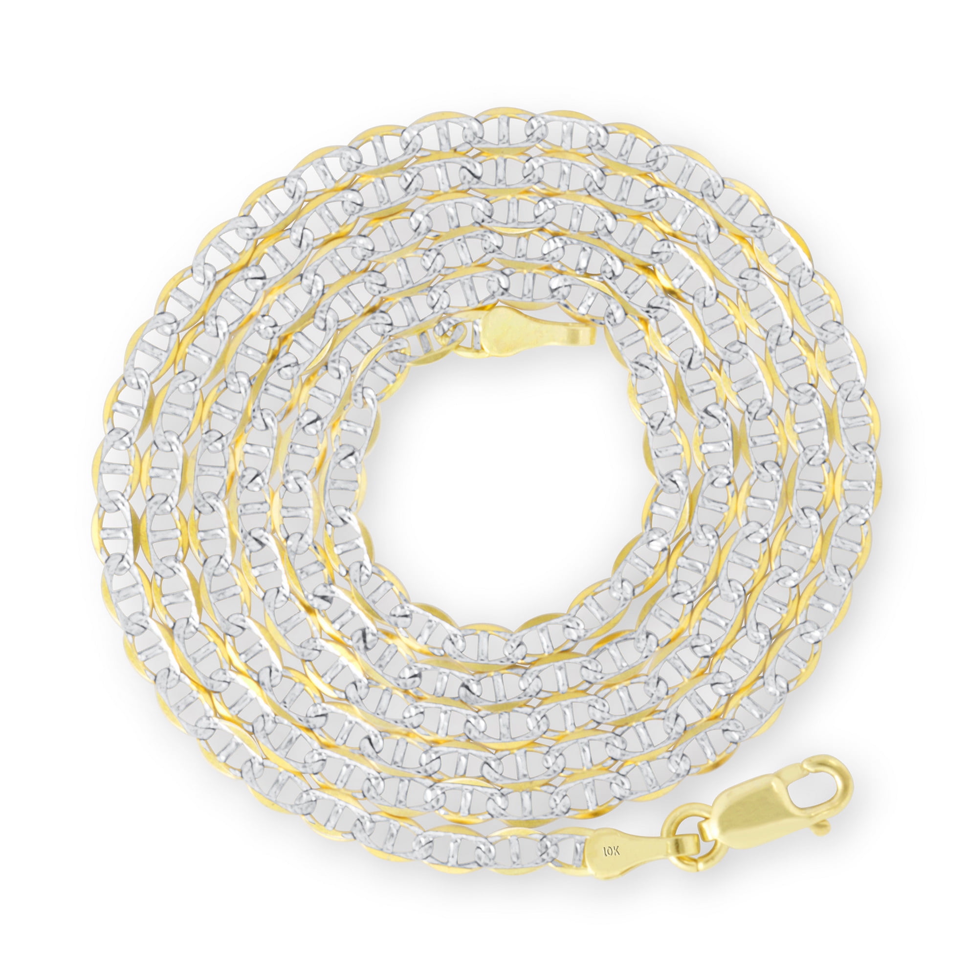 Nuragold 10k Real Yellow Gold Solid Mariner 2.5mm Anchor Chain Pave Diamond Cut Bracelet or Anklet (7"-9") Two Tone Italian Jewelry for Men & Women