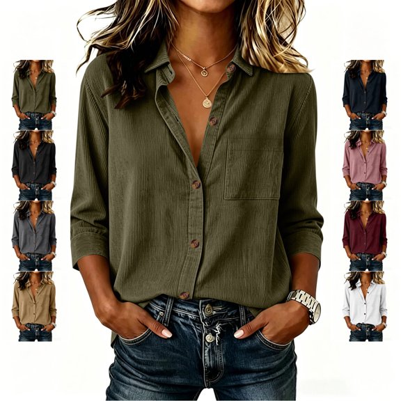 TGSLY Women's Corduroy Shirts Lightweight Soft Collared Button Down Blouses Relaxed Dressy Casual Long Sleeve Solid Color Tops with Pocket L
