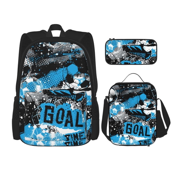 Disketp Football Time Mochila Estampada de Gran Capacidad con Lonchera y Estuche, Set de 3 Piezas para Estudiantes