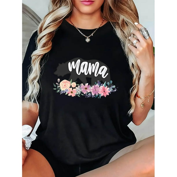 Camisetas Coloridas con gráficos para Mujer, Manga Corta, Cuello Redondo, Camisetas de Verano Lindas, Blusas Ligeras InformalesWomen'S Casual Floral Bear Print T-Shirt, Polyester Blend, Crew Neck, M
