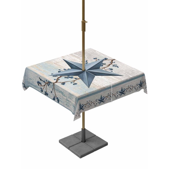 Outdoor Tablecloth with Umbrella Hole for Patio/Picnic/Party/Camping, Texas Star Blue Waterproof Table Cloth Square Cover Washable, Farmhouse Country Branches Wooden Grain (60"x 60")