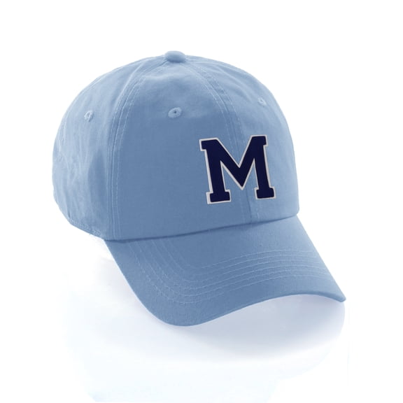 Customized Letter Intial Baseball Hat A to Z Team Colors, Sky Cap White Navy Letter M