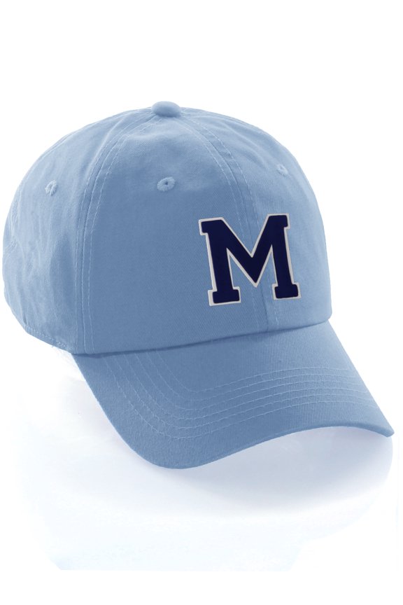Customized Letter Intial Baseball Hat A to Z Team Colors, Sky Cap White Navy Letter M