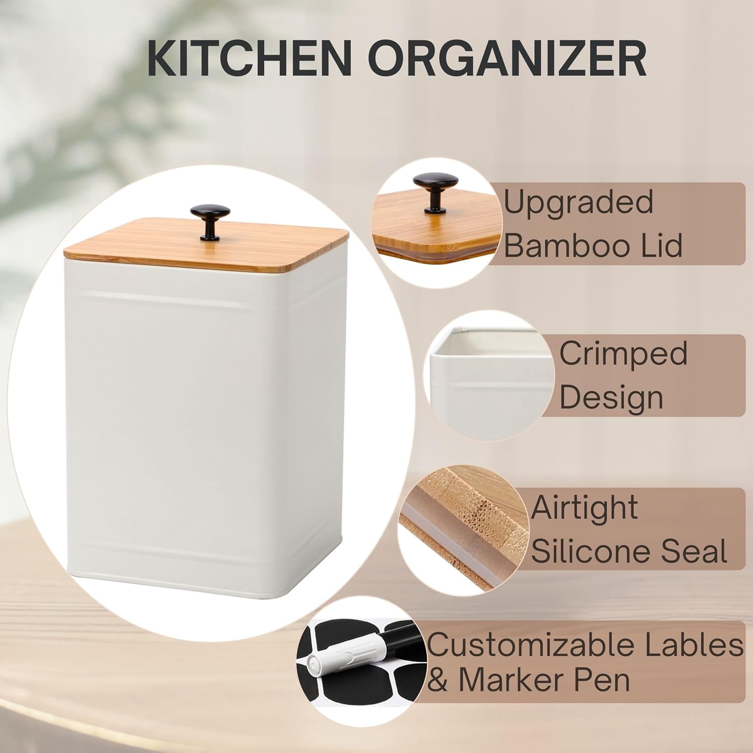 Perfnique Kitchen Canisters for Countertop Set of 3, Airtight Canisters Sets for the Kitchen Counter with Lid, Metal Farmhouse Food Storage Containers Jars for Flour Sugar Coffee Tea Spice (White)