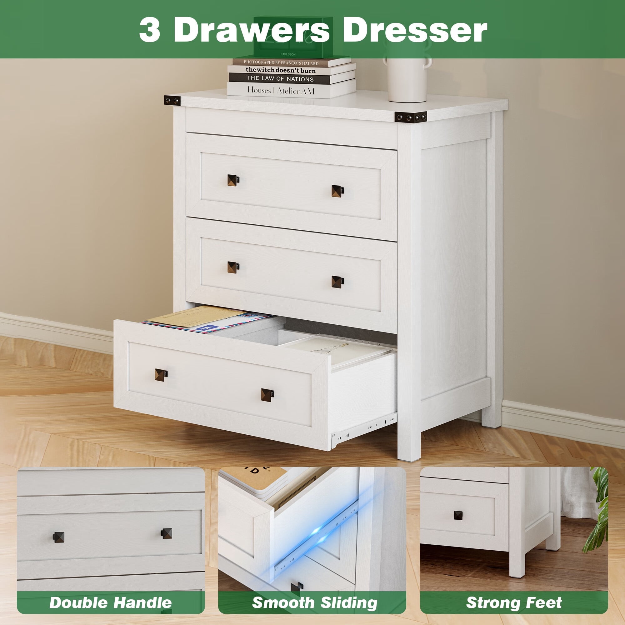 FANRAL 3 Large Drawer Nightstand,29.5" Tall Night Stand,27.5" Wide Side Table,Wood Bedside Table Modern End Table,Small Wide Dresser for Bedroom,White Nightstand
