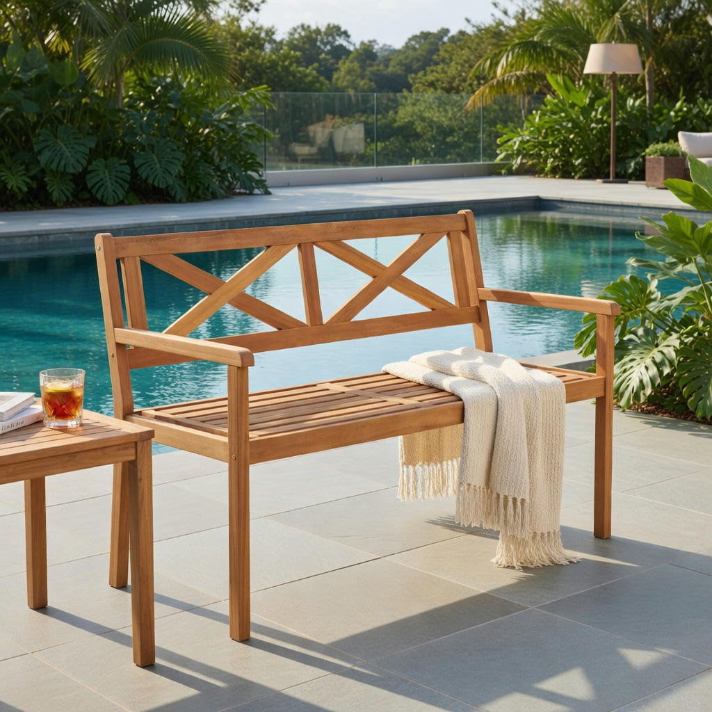 Hommoo 2-Person Acacia Wood Patio Bench with Armrests & Ergonomic Backrest, Teak Outdoor Garden Chair for Deck, Porch, Poolside, Natural