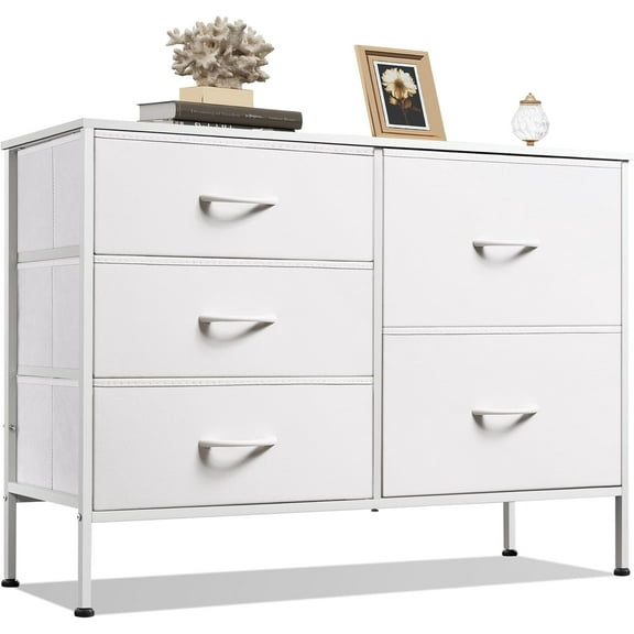 XH White Dresser for Bedroom with 5 Drawers, Fabric Dresser for Living Room, Wide Chest of Drawers for Bedroom, Closet, Hallway, White