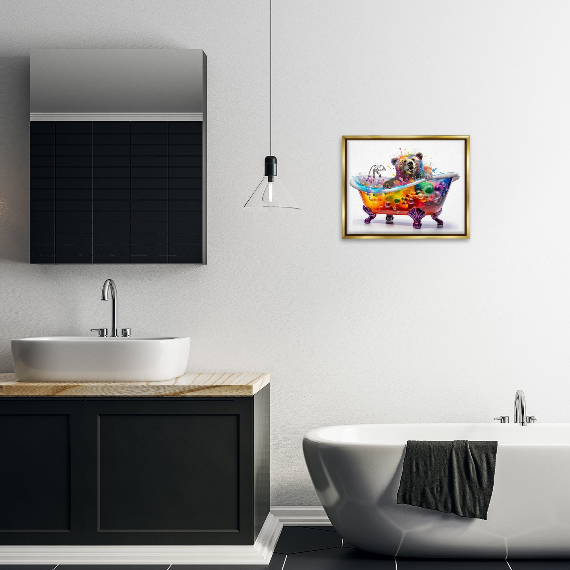 Stupell Industries Modern Bold Bubble Bath Typography Painting Gold Floater Framed Canvas Art Print Wall Art, 21 x 17