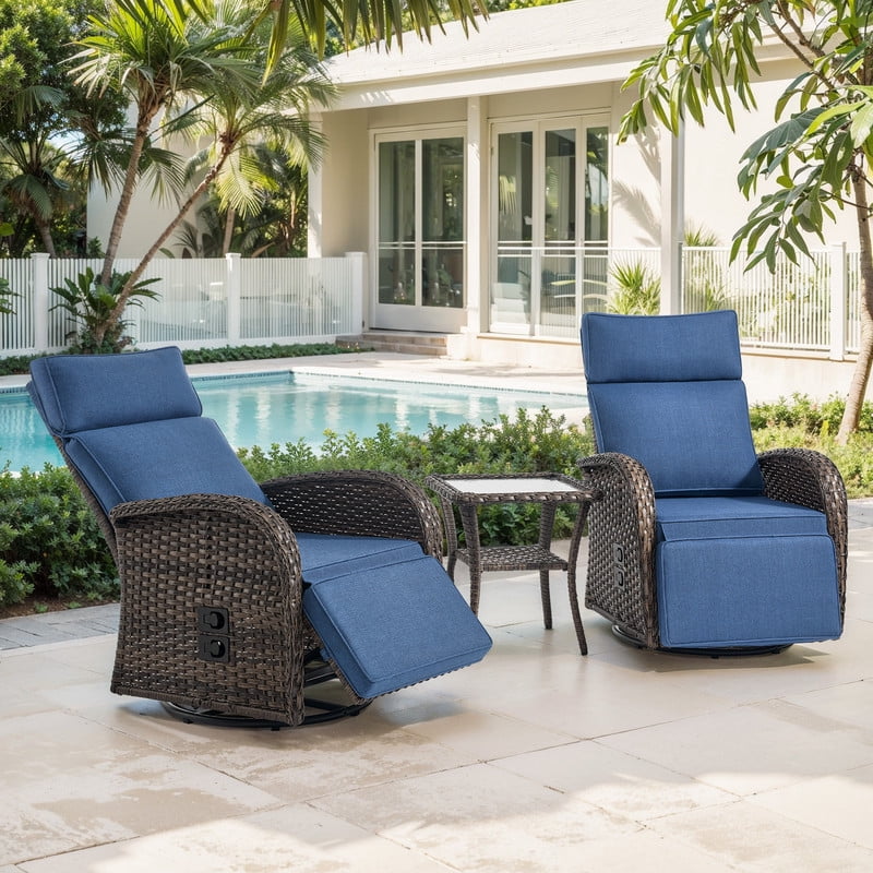 3-Piece Patio Swivel Recliner Chairs with Side Table, Outdoor Wicker Reclining Lounge Chairs with Adjustable Back and Footrest, Rattan Outdoor Furniture Set with Blue Cushions