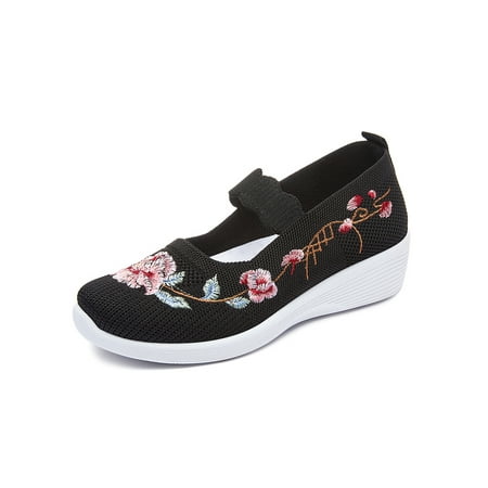 

Colisha Ladies Casual Shoe Wedge Walking Shoes Embroidered Loafers Women Non-slip Mary Jane Sneaker Slip On Black 5.5