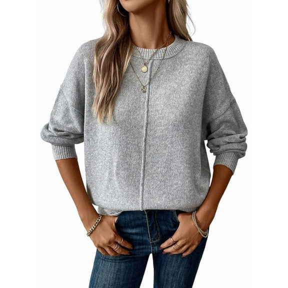 Womens Sweaters Fall Casual Long Sleeve Light-Weight Oversized Pullover Sweater Tops Light Gray S