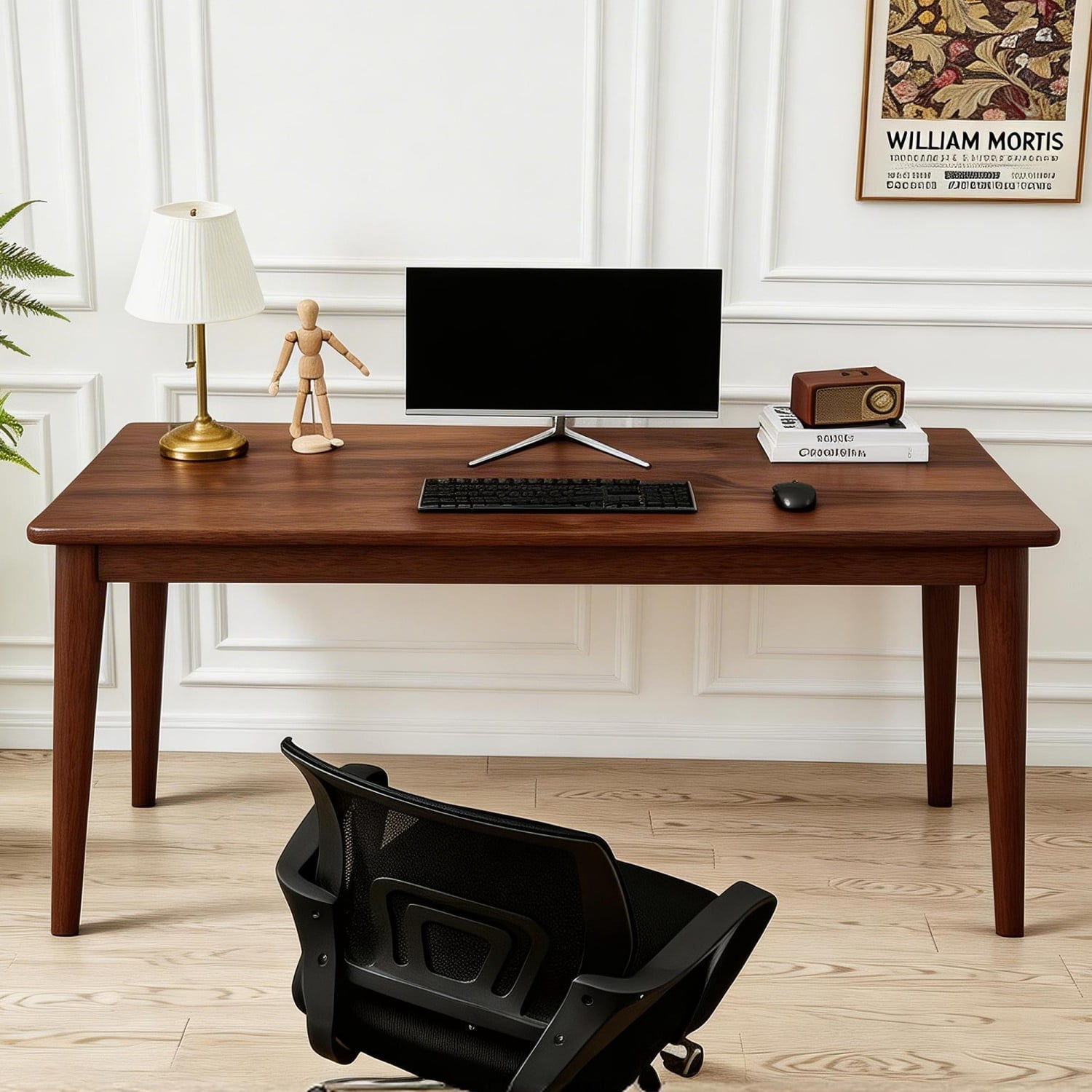 Solid Rubberwood Writing Desk 63" Mid Century Modern Small Computer Desk for Bedroom Office Study Walnut Compact Work Table