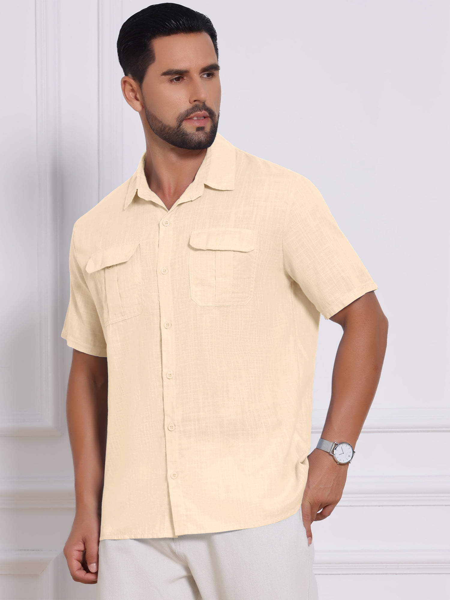 DARING DIVA Men's Solid Color Short Sleeve Button Down Linen Shirt XL Beige
