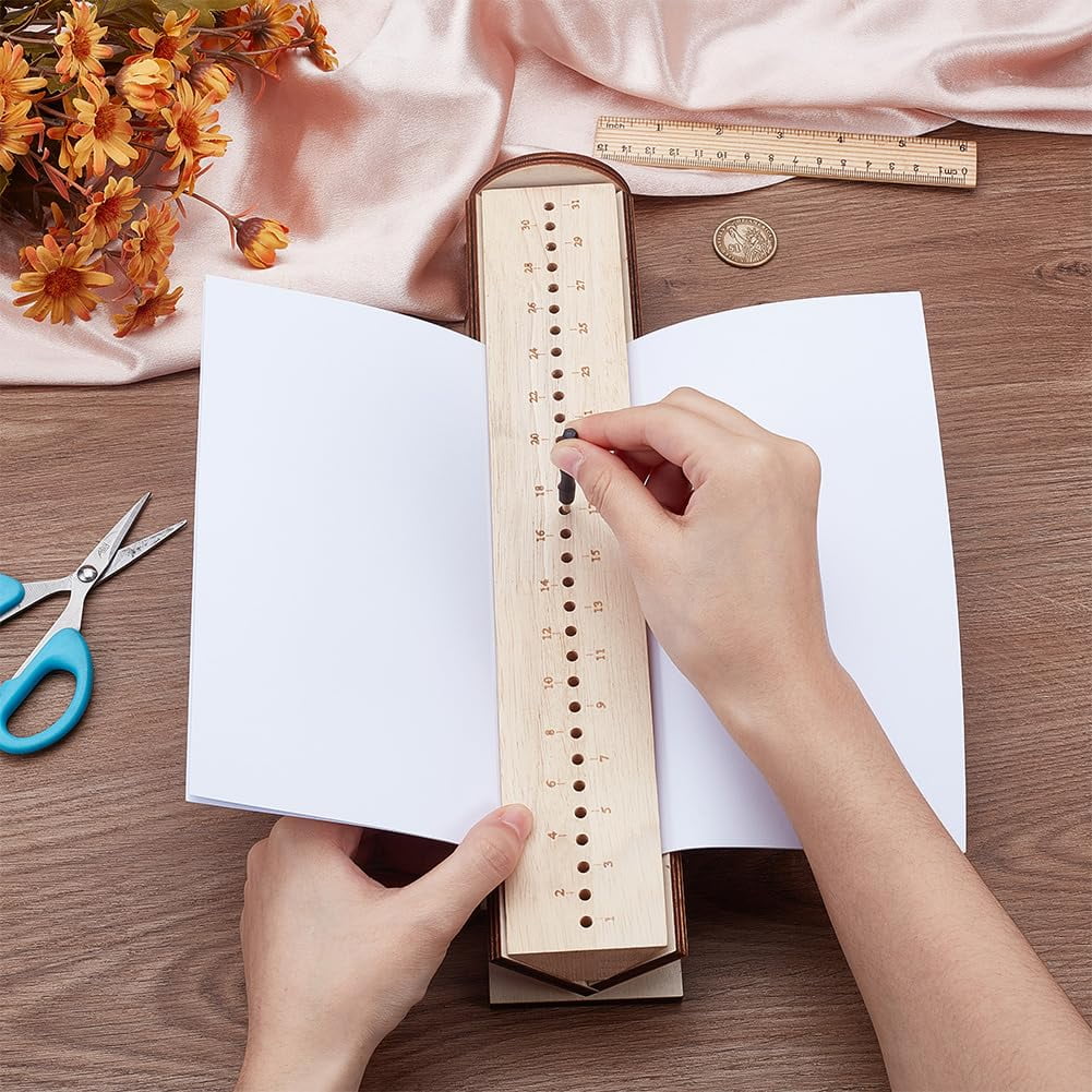 Old Lace Wood Bookbinding Punching Cradle with Piercing Guide 13.1x2.5x2.4inch Book Binding Tool for DIY Crafts Notebook Journals Planners Brown