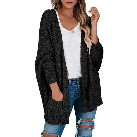 Dellytop Women Fuzzy Popcorn Batwing Oversized Knit Cardigan Sweaters
