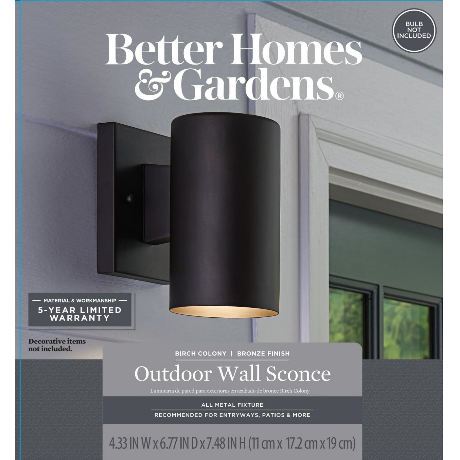 Better Homes & Gardens 7.5“H Modern Cylinder Outdoor Wall Sconce, Bronze Metal, Bulb Not Included