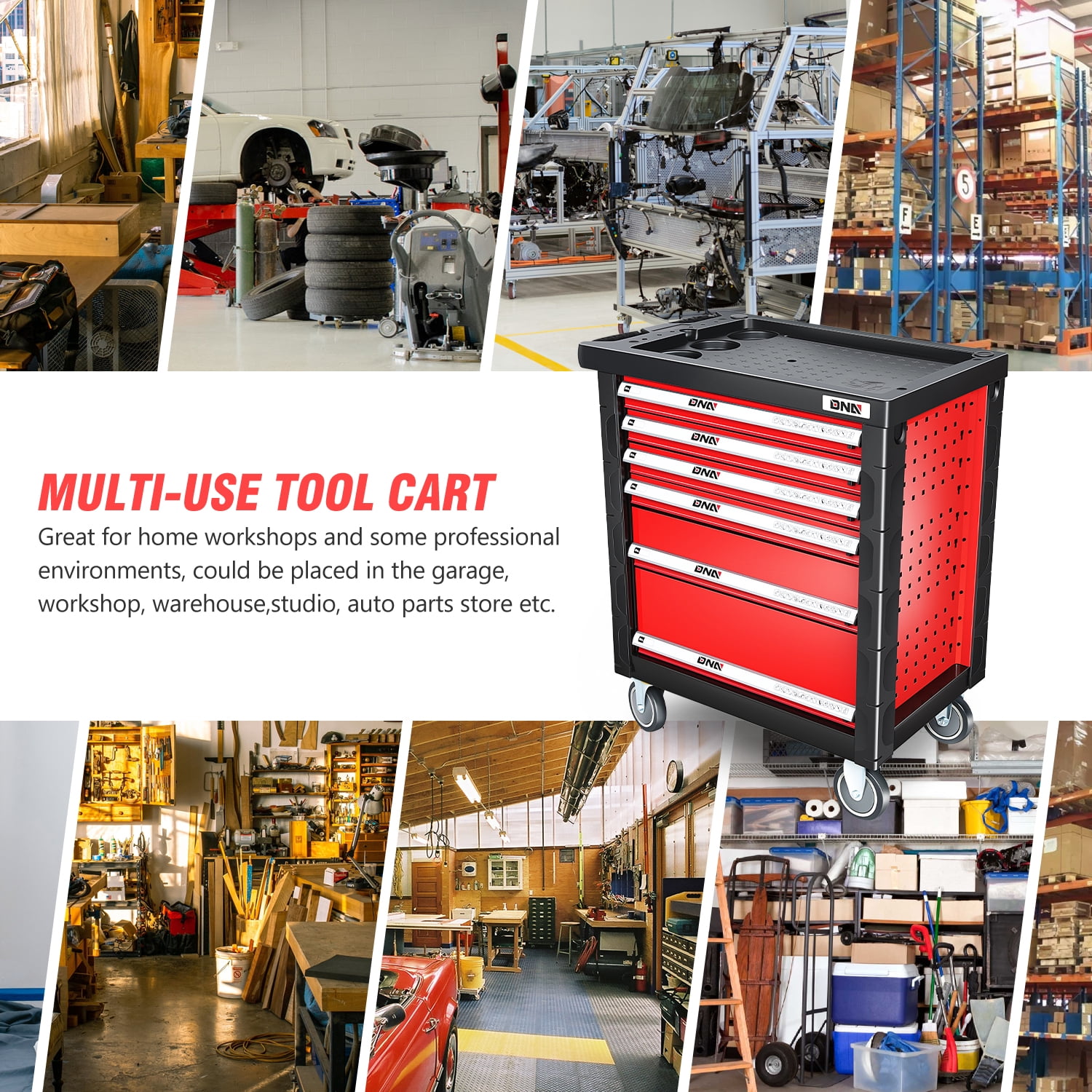 DNA Motoring TOOLS-00395 Garage Warehouse Workshop 6-Drawer Plastic Top Tray Rolling Tool Cabinet Chest With 4 Casters Red
