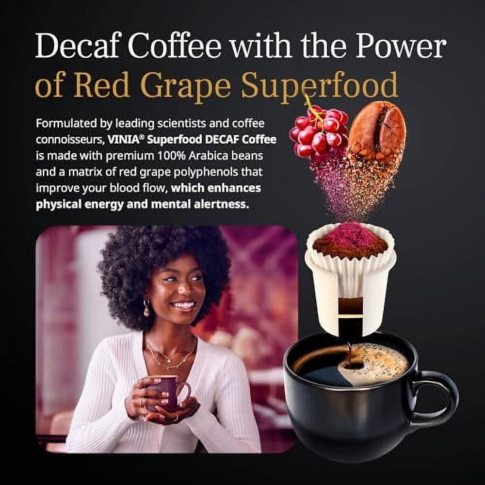 VINIA Blood Flow Coffee DECAF - Medium Roast Superfood Coffee Pods, Swiss Water Process Powered by Red Grape Piceid Resveratrol Boost Energy Keurig Compatible K-Cup Coffee Pods, Caffeine Free, 30 Ct