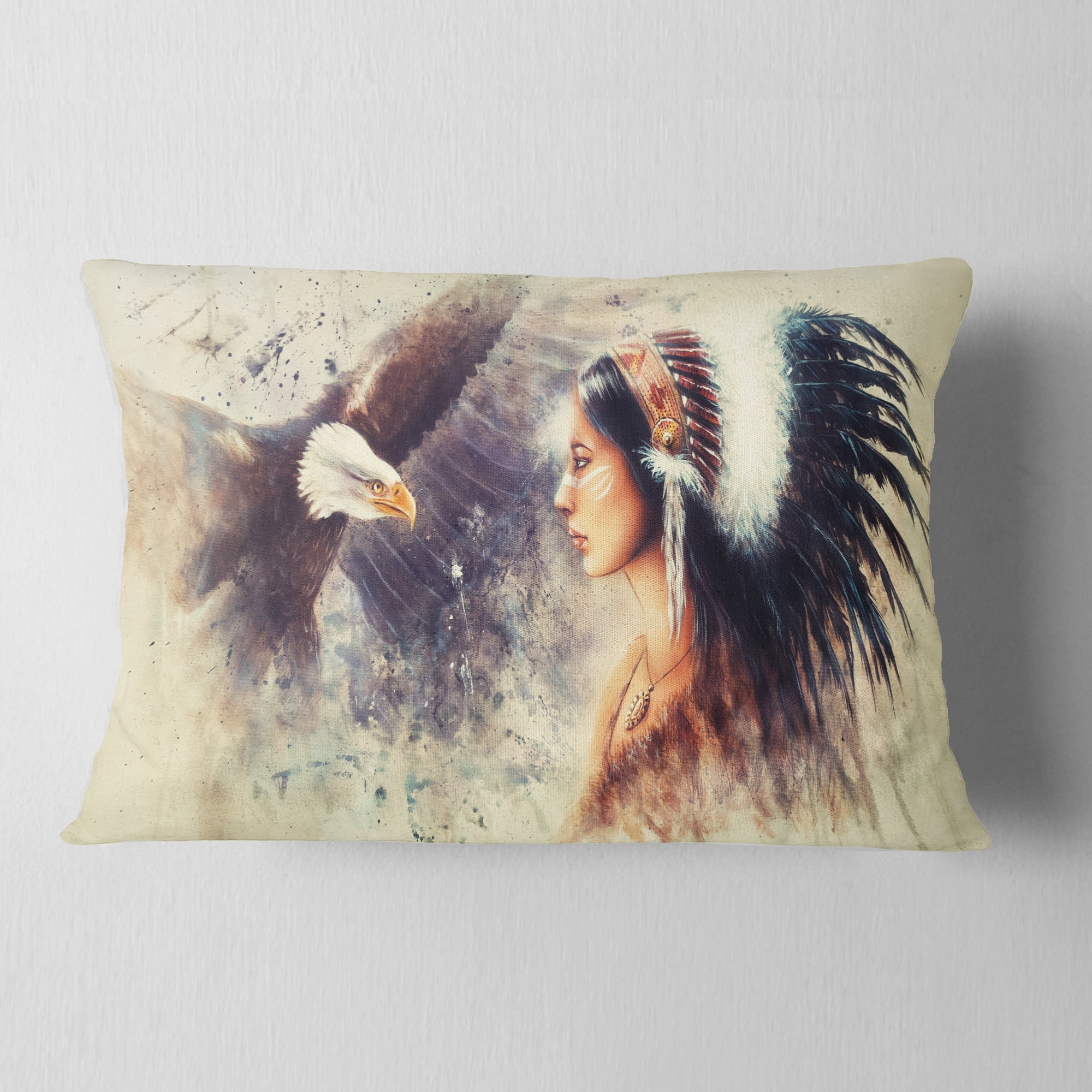 Designart Indian Woman and Eagle - Portrait Throw Pillow - 12x20